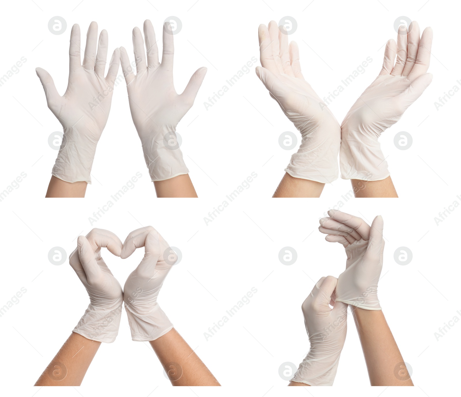 Collage with photos of woman wearing medical gloves on white background, closeup Image of Collage with photos of woman wearing medical gloves on white background, closeup