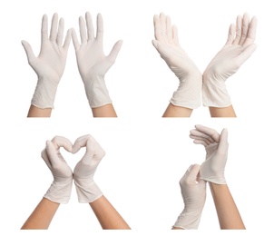 Collage with photos of woman wearing medical gloves on white background, closeup Image of Collage with photos of woman wearing medical gloves on white background, closeup