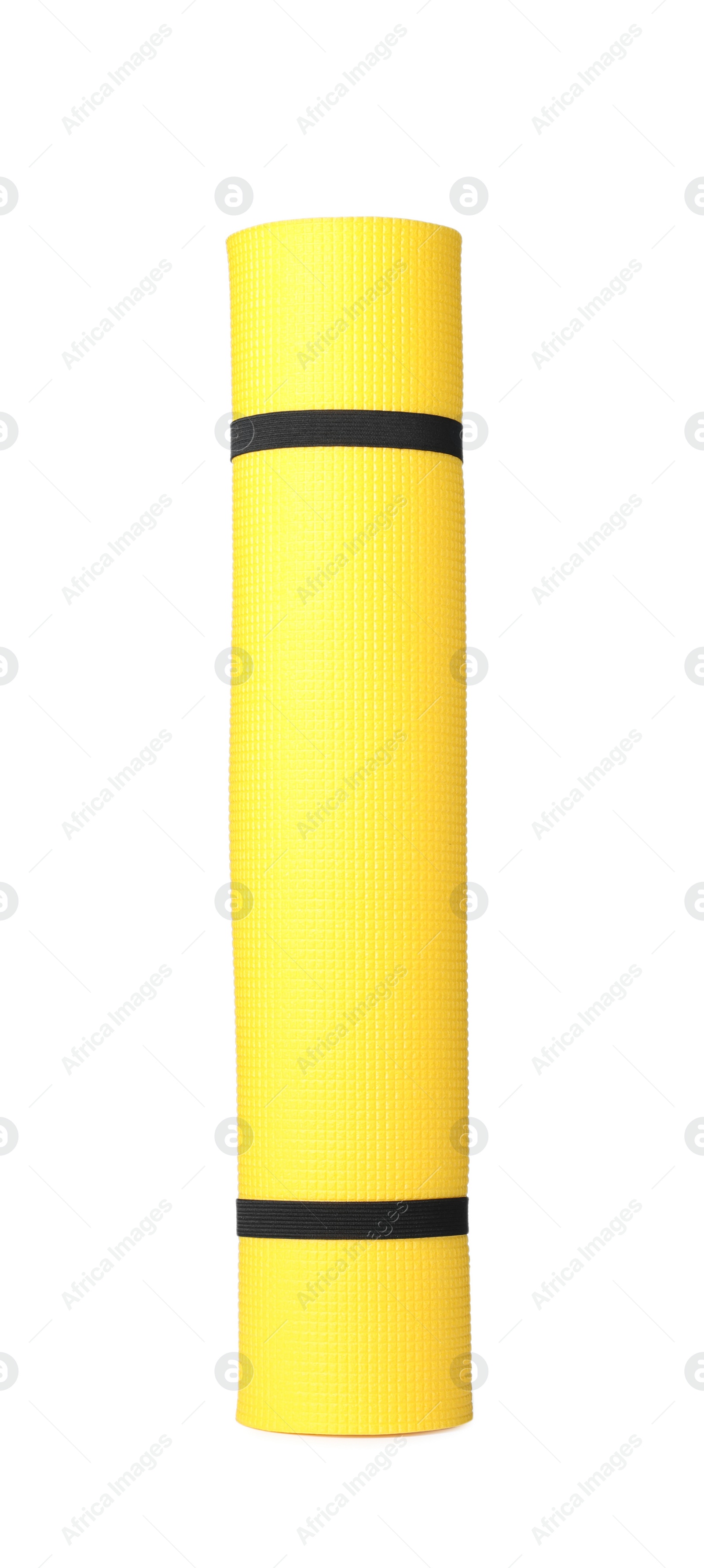 Rolled yellow camping mat isolated on white Photo of Rolled yellow camping mat isolated on white