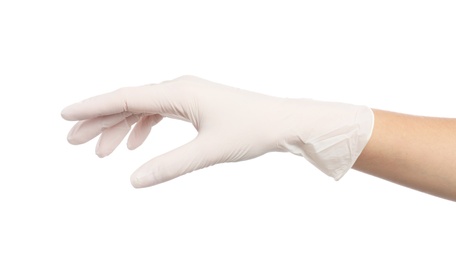 Doctor wearing medical gloves on white background, closeup Photo of Doctor wearing medical gloves on white background, closeup