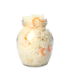 Glass jar of tasty fermented cabbage isolated on white Photo of Glass jar of tasty fermented cabbage isolated on white