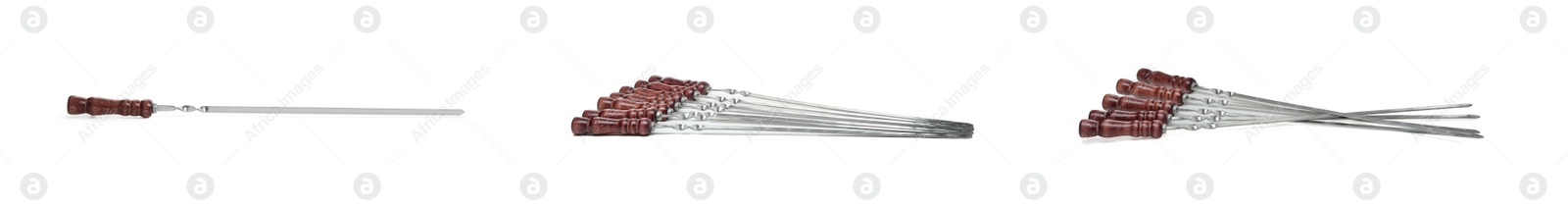 Set with metal skewers on white background. Banner design Image of Set with metal skewers on white background. Banner design