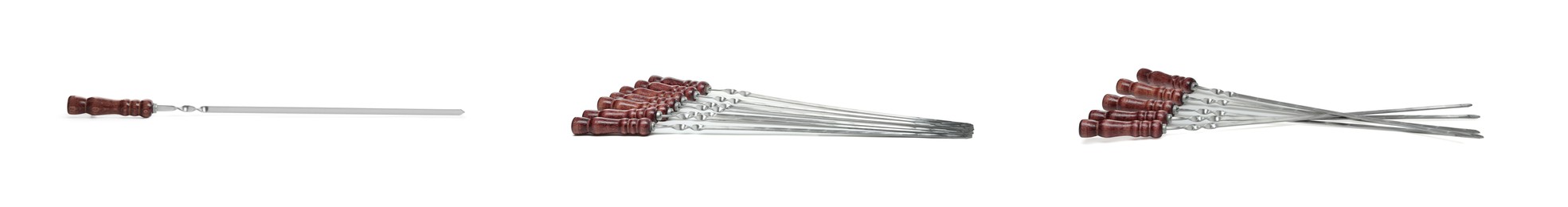 Set with metal skewers on white background. Banner design Image of Set with metal skewers on white background. Banner design