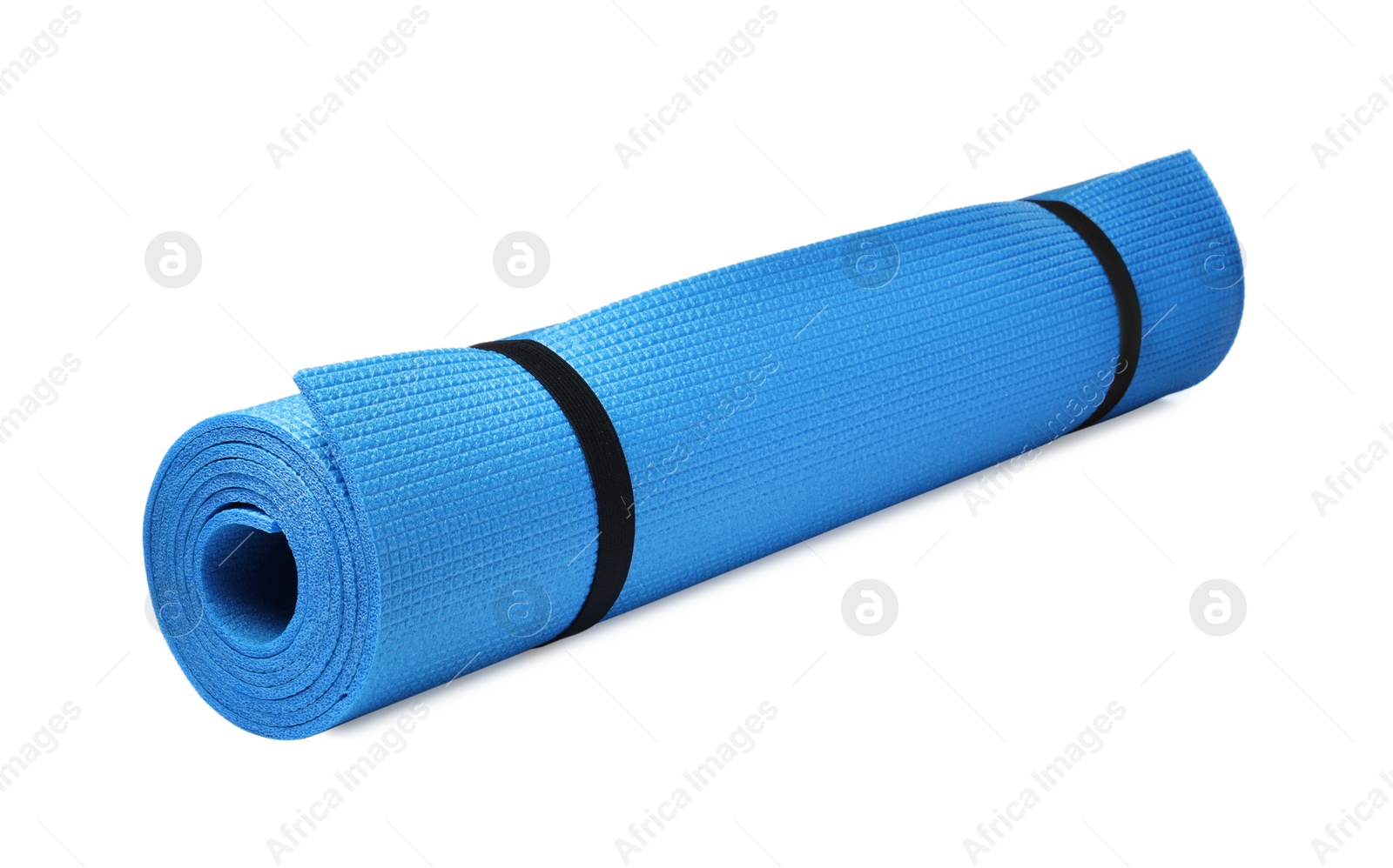 Rolled light blue camping mat isolated on white Photo of Rolled light blue camping mat isolated on white