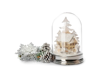 Beautiful snow globe and Christmas decor on white background Photo of Beautiful snow globe and Christmas decor on white background