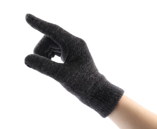 Photo of Woman in black woolen glove on white background, closeup. Winter clothes
