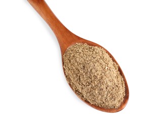 Wooden spoon with powdered coriander on white background, top view Photo of Wooden spoon with powdered coriander on white background, top view