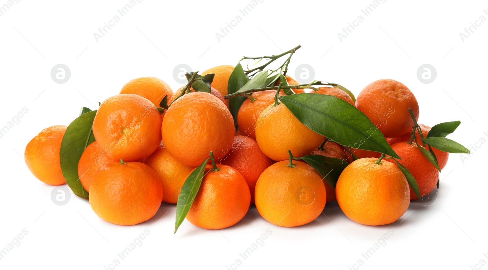 Fresh ripe tangerines with green leaves on white background Photo of Fresh ripe tangerines with green leaves on white background
