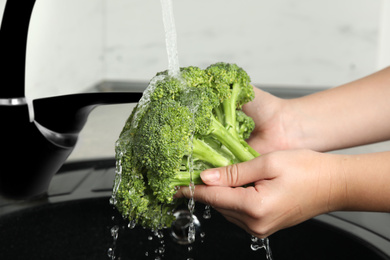 Woman washing fresh green broccoli in kitchen sink, closeup Photo of Woman washing fresh green broccoli in kitchen sink, closeup