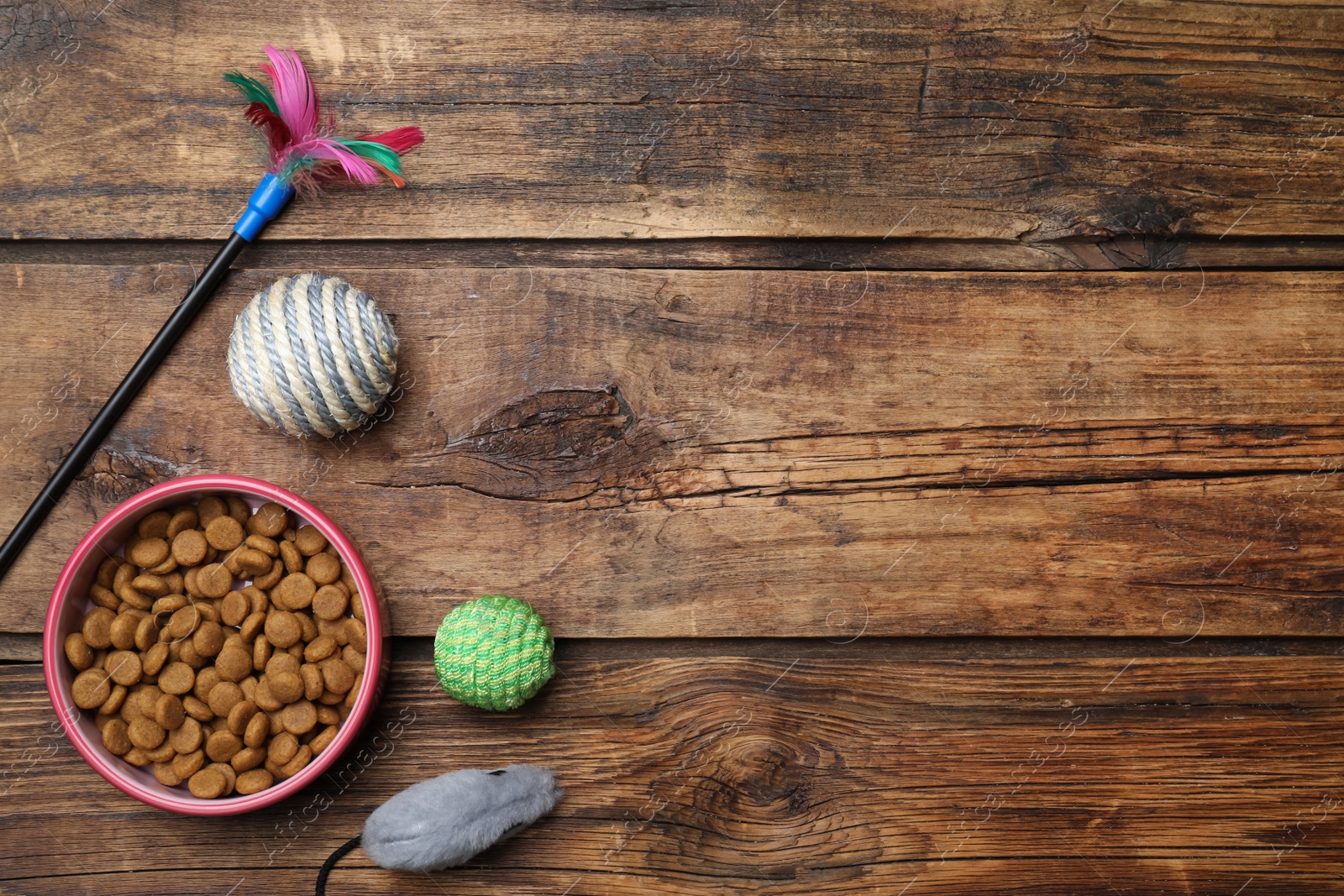 Flat lay composition with different pet toys and feeding bowl on wooden background, space for text Photo of Flat lay composition with different pet toys and feeding bowl on wooden background, space for text