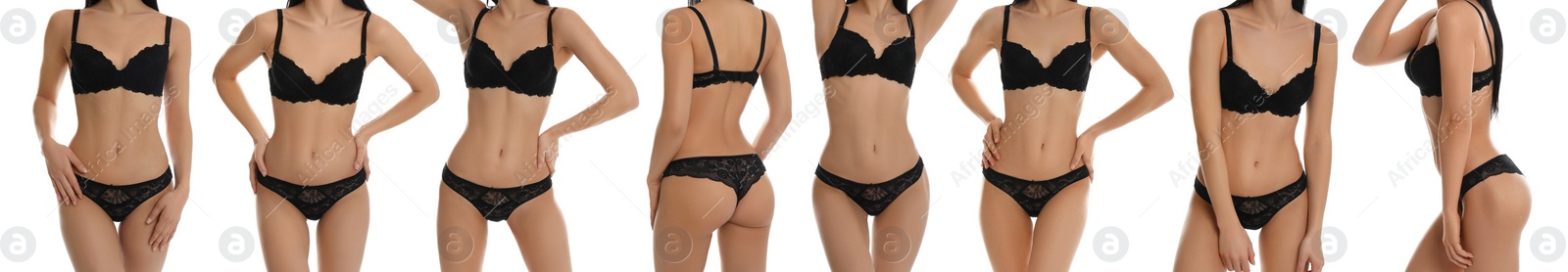 Collage of young woman in black underwear isolated on white, closeup. Banner design Image of Collage of young woman in black underwear isolated on white, closeup. Banner design