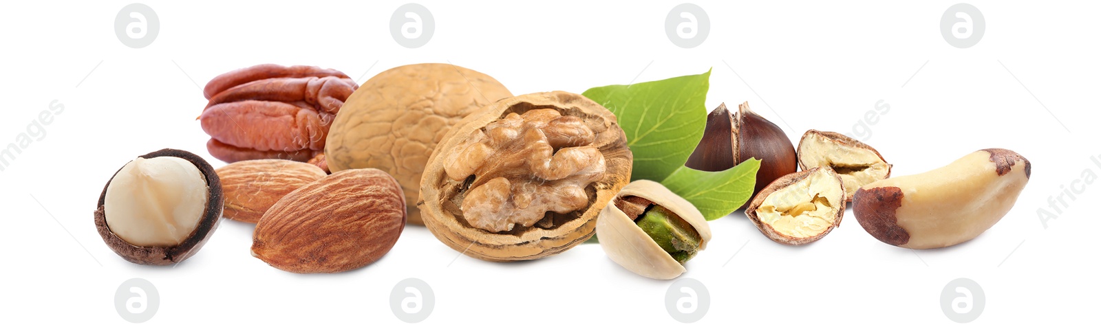 Mix of different tasty nuts on white background. Banner design Image of Mix of different tasty nuts on white background. Banner design