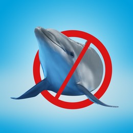 Dolphin and red prohibition sign on light blue background. Anti-Captivity Campaign Image of Dolphin and red prohibition sign on light blue background. Anti-Captivity Campaign