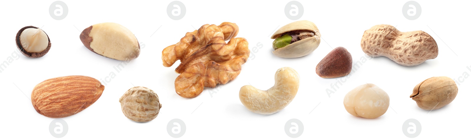 Set with different tasty nuts on white background. Banner design Image of Set with different tasty nuts on white background. Banner design