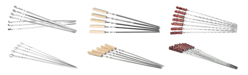 Set with metal skewers on white background. Banner design Image of Set with metal skewers on white background. Banner design