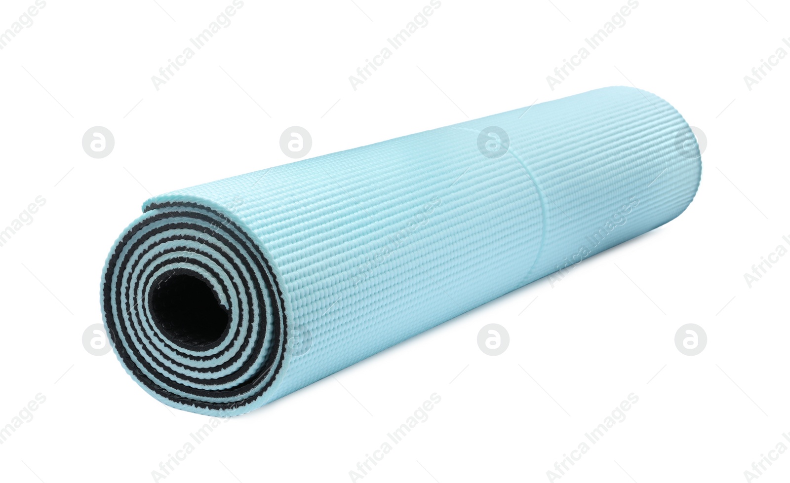 Rolled light blue camping mat isolated on white Photo of Rolled light blue camping mat isolated on white