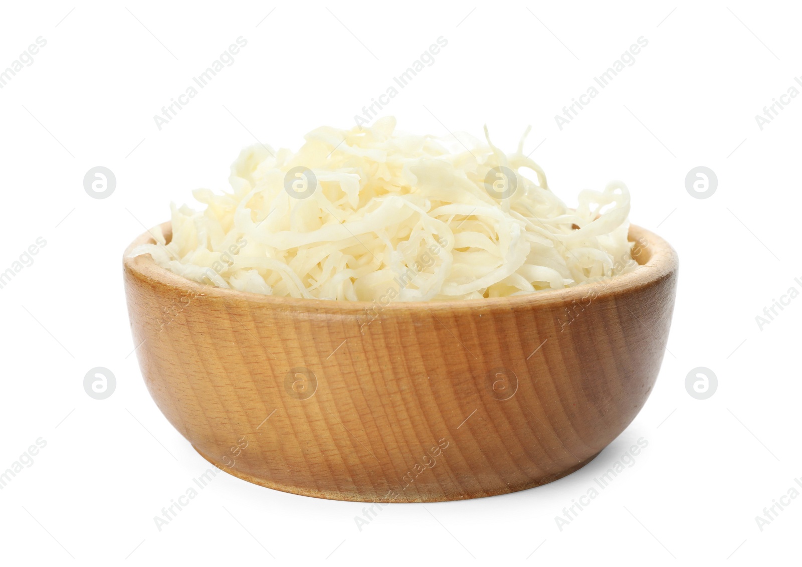 Wooden bowl of tasty fermented cabbage isolated on white Photo of Wooden bowl of tasty fermented cabbage isolated on white