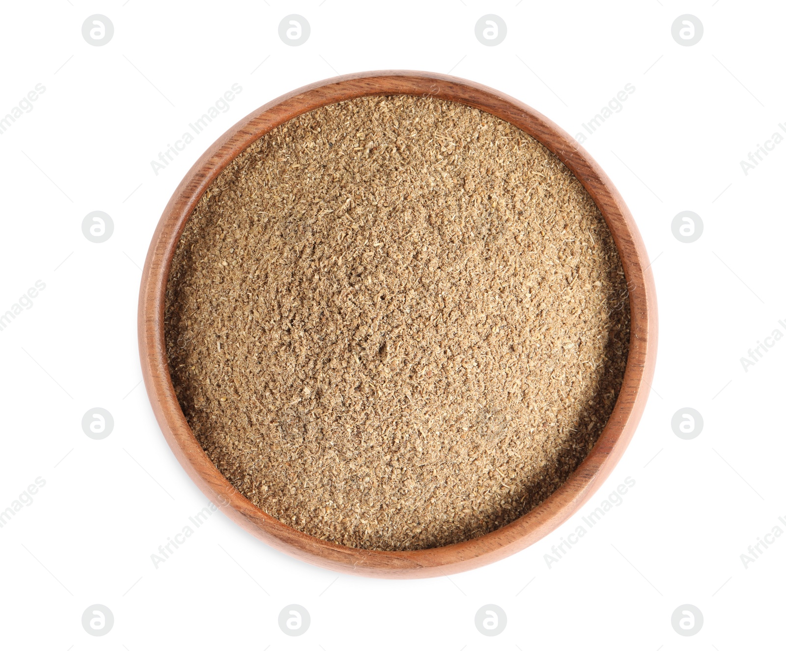 Wooden bowl with powdered coriander on white background, top view Photo of Wooden bowl with powdered coriander on white background, top view