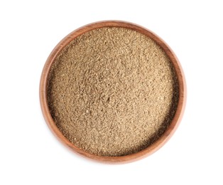 Photo of Wooden bowl with powdered coriander on white background, top view