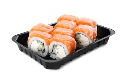 Box with tasty sushi rolls on white background Photo of Box with tasty sushi rolls on white background