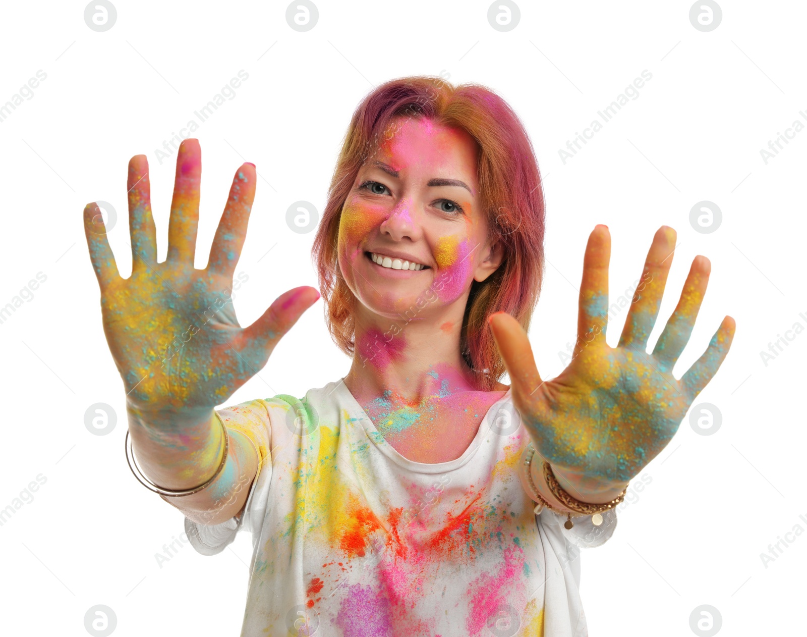Woman covered with colorful powder dyes on white background. Holi festival celebration Photo of Woman covered with colorful powder dyes on white background. Holi festival celebration