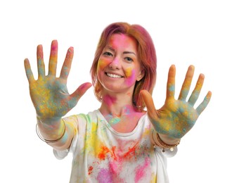 Woman covered with colorful powder dyes on white background. Holi festival celebration Photo of Woman covered with colorful powder dyes on white background. Holi festival celebration