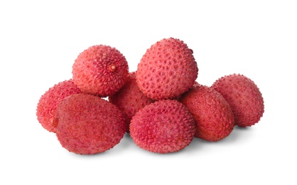 Pile of fresh ripe lychees on white background Photo of Pile of fresh ripe lychees on white background