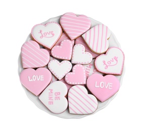 Photo of Delicious heart shaped cookies on white background, top view. Valentine's Day