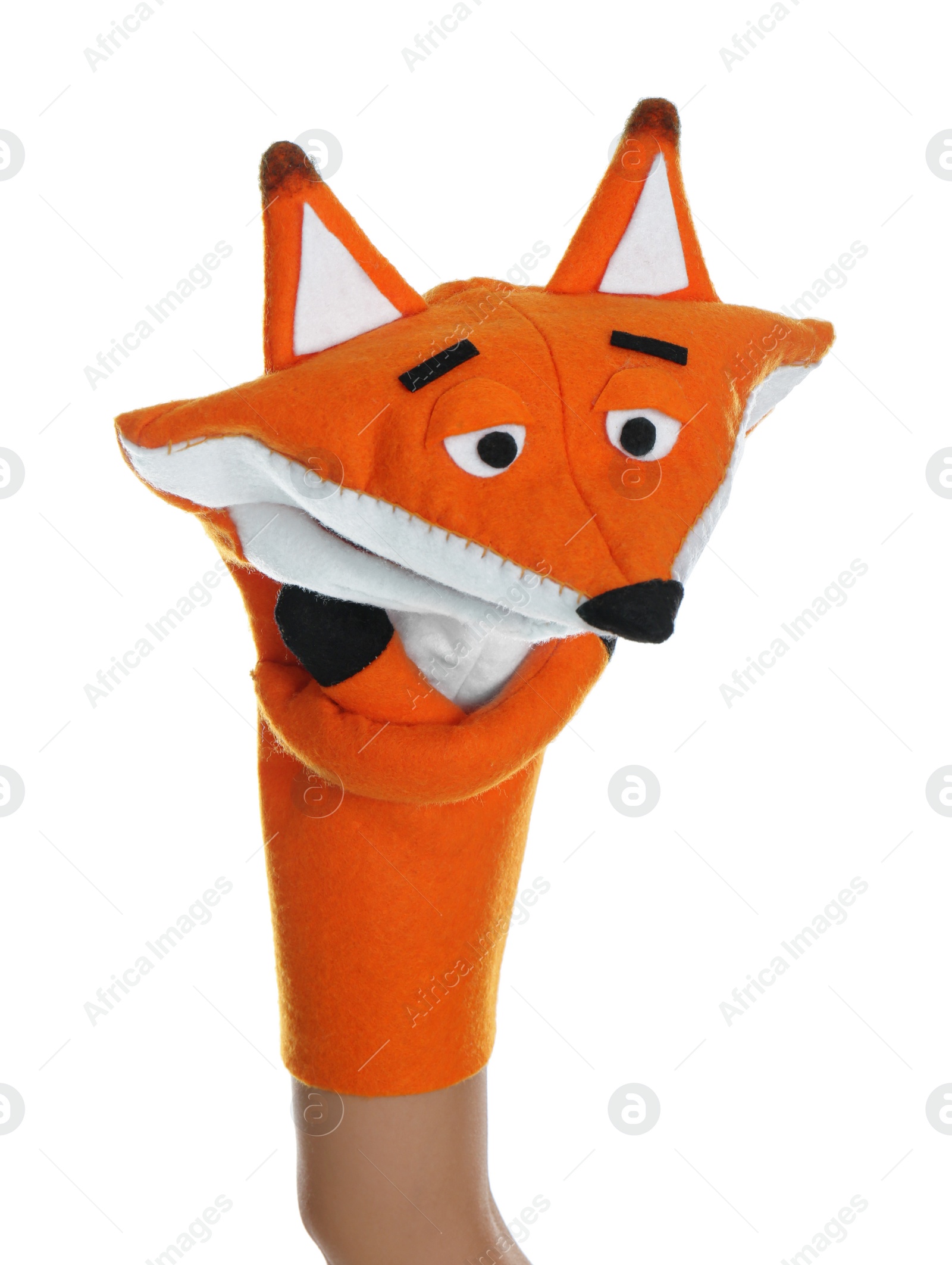 Photo of Fox puppet for show on hand against white background