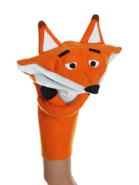 Fox puppet for show on hand against white background Photo of Fox puppet for show on hand against white background
