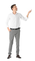 Business trainer explaining seminar on white background Photo of Business trainer explaining seminar on white background