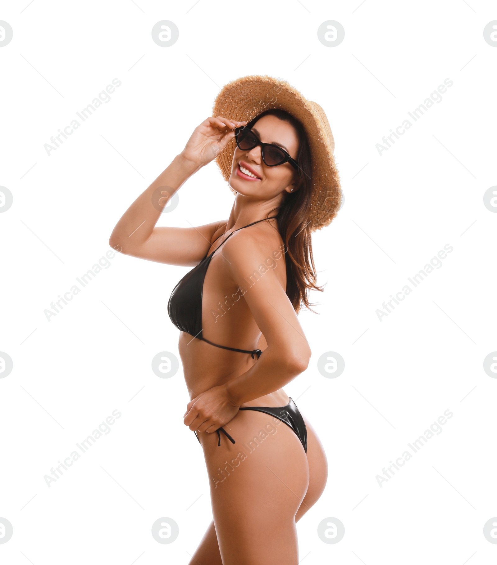 Beautiful woman in stylish bikini on white background Photo of Beautiful woman in stylish bikini on white background