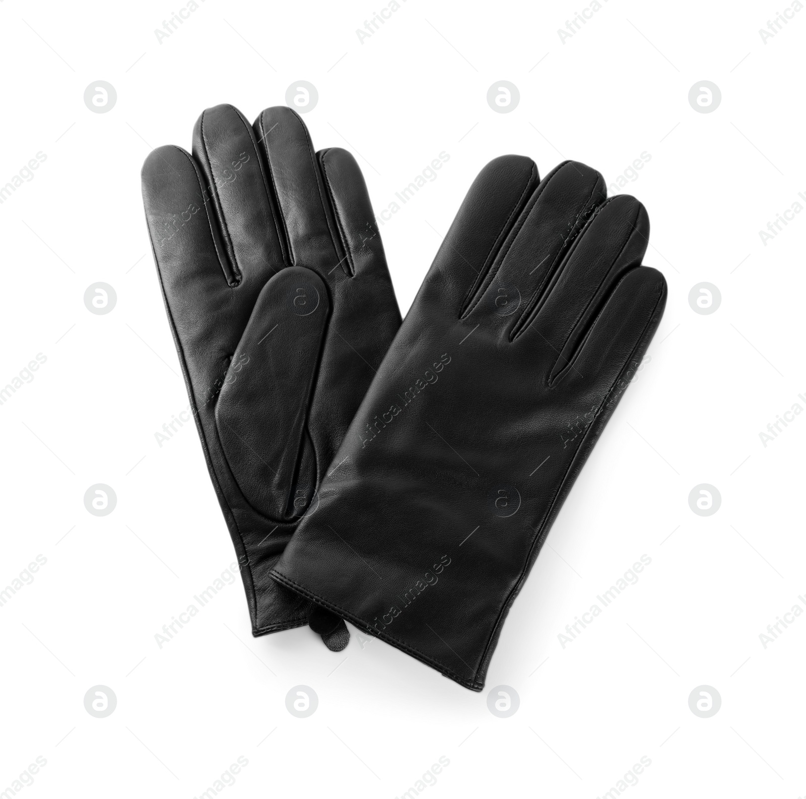 Photo of Stylish black leather gloves on white background, top view