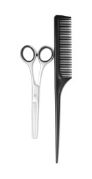 Professional hairdresser thinning scissors and black comb isolated on white, top view. Haircut tools Photo of Professional hairdresser thinning scissors and black comb isolated on white, top view. Haircut tools