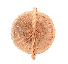 Wicker basket with handle isolated on white, top view Photo of Wicker basket with handle isolated on white, top view