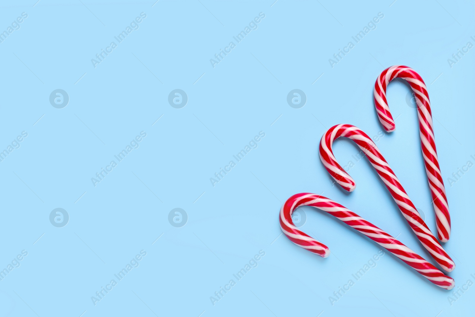 Sweet Christmas candy canes on light blue background, flat lay. Space for text Photo of Sweet Christmas candy canes on light blue background, flat lay. Space for text