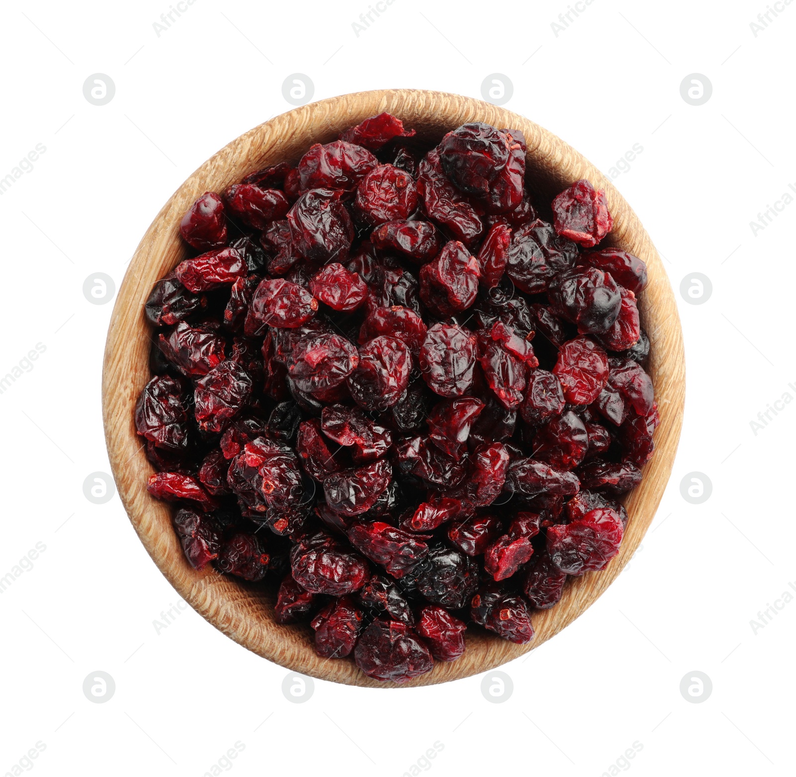 Tasty dried cranberries in bowl isolated on white, top view Photo of Tasty dried cranberries in bowl isolated on white, top view