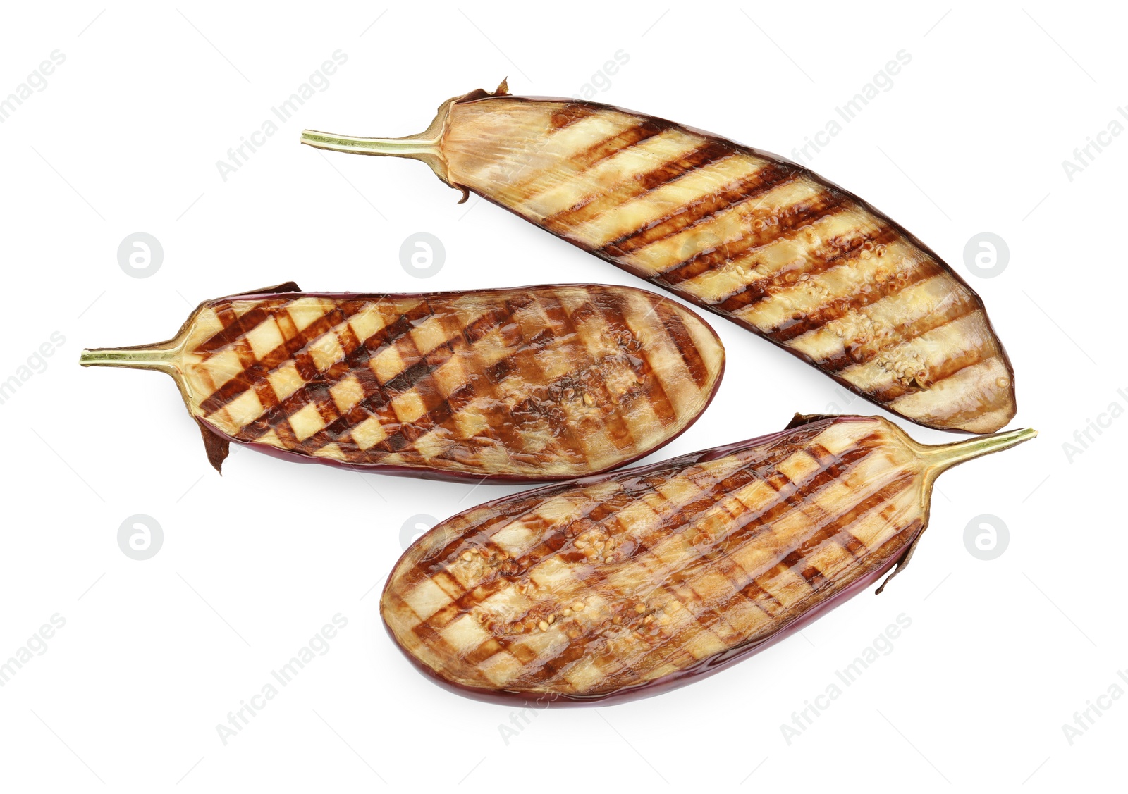 Delicious grilled eggplant halves on white background, top view Photo of Delicious grilled eggplant halves on white background, top view