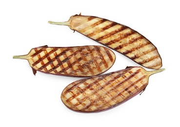 Delicious grilled eggplant halves on white background, top view Photo of Delicious grilled eggplant halves on white background, top view