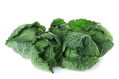 Fresh ripe savoy cabbages on white background Photo of Fresh ripe savoy cabbages on white background