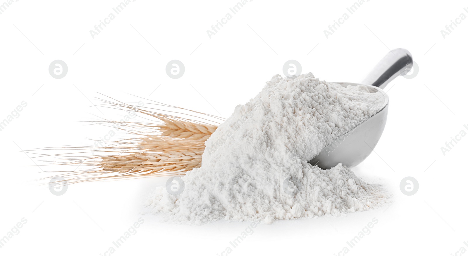 Scoop with flour on white background Photo of Scoop with flour on white background