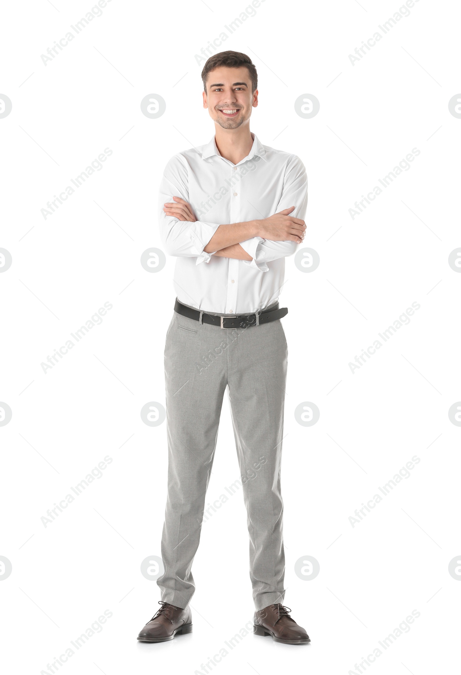 Successful business trainer with crossed arms on white background Photo of Successful business trainer with crossed arms on white background