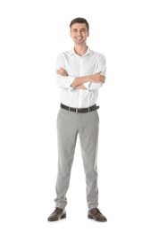 Successful business trainer with crossed arms on white background Photo of Successful business trainer with crossed arms on white background