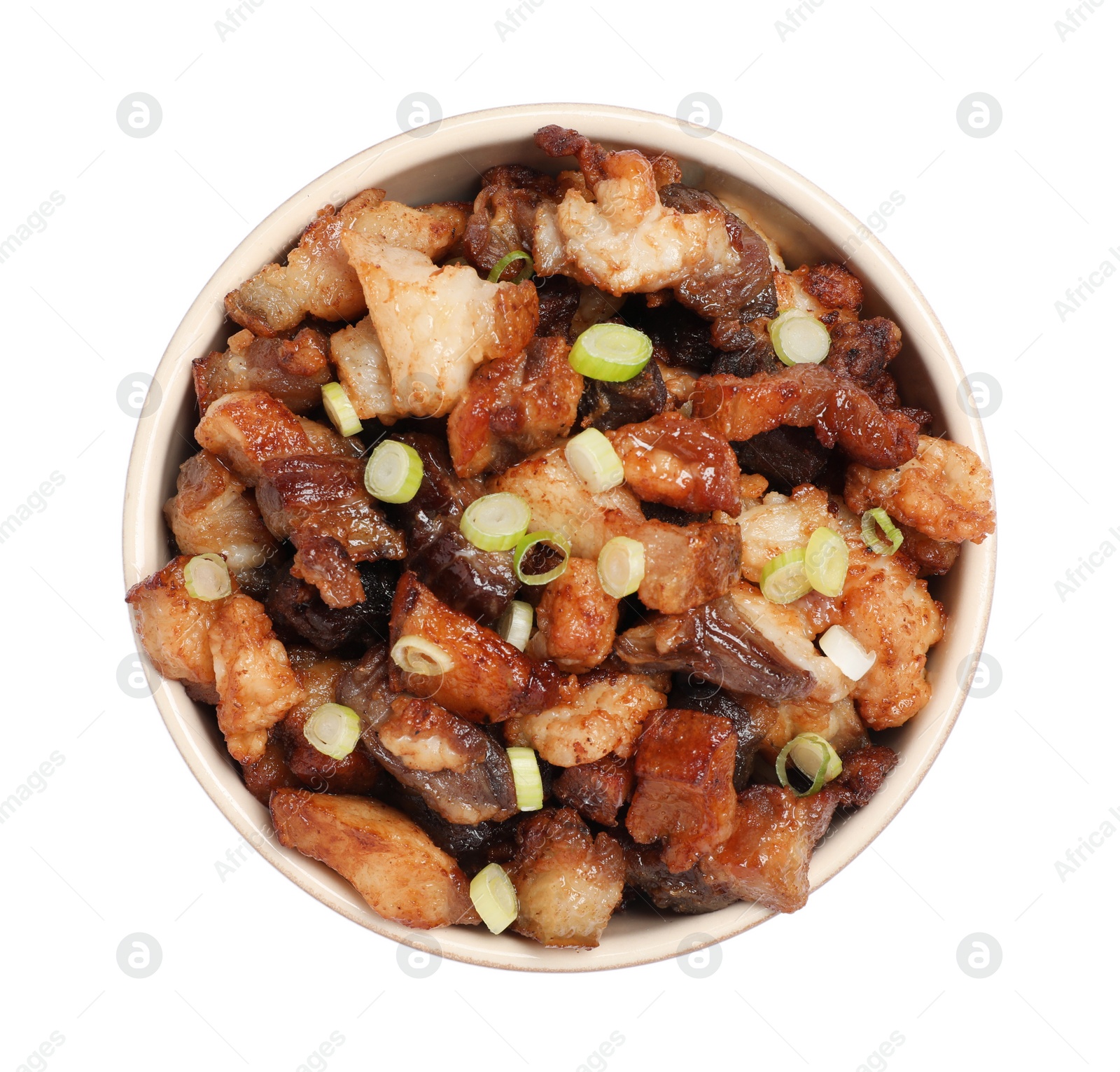 Tasty fried cracklings in bowl on white background, top view. Cooked pork lard Photo of Tasty fried cracklings in bowl on white background, top view. Cooked pork lard