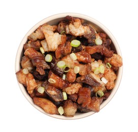 Tasty fried cracklings in bowl on white background, top view. Cooked pork lard Photo of Tasty fried cracklings in bowl on white background, top view. Cooked pork lard