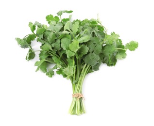 Bunch of fresh green organic cilantro isolated on white, top view Photo of Bunch of fresh green organic cilantro isolated on white, top view