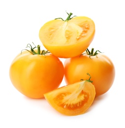 Cut ripe yellow tomatoes isolated on white Photo of Cut ripe yellow tomatoes isolated on white