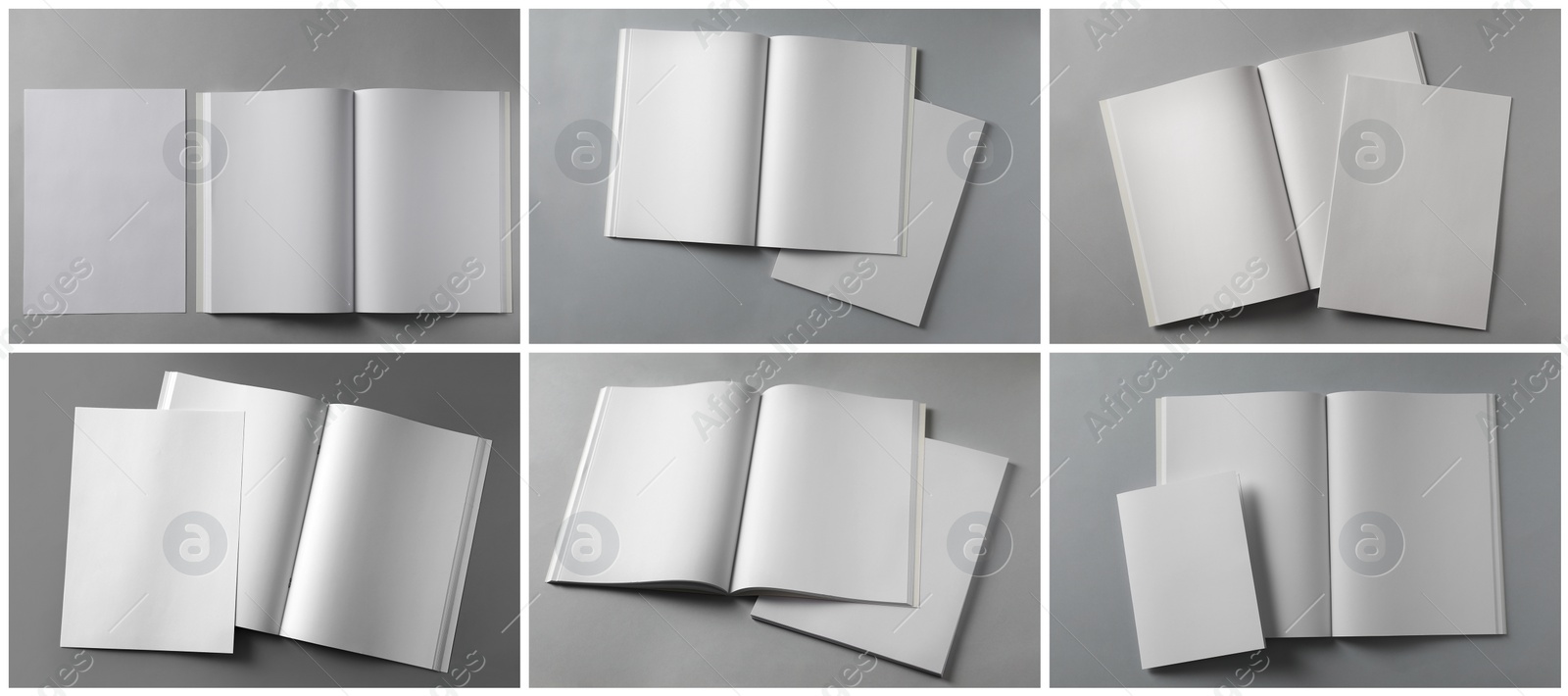 Open blank brochures on grey background, collage. Banner design Image of Open blank brochures on grey background, collage. Banner design