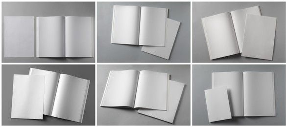 Open blank brochures on grey background, collage. Banner design Image of Open blank brochures on grey background, collage. Banner design