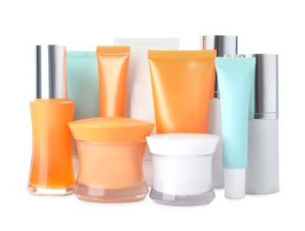 Set of luxury cosmetic products on white background Photo of Set of luxury cosmetic products on white background